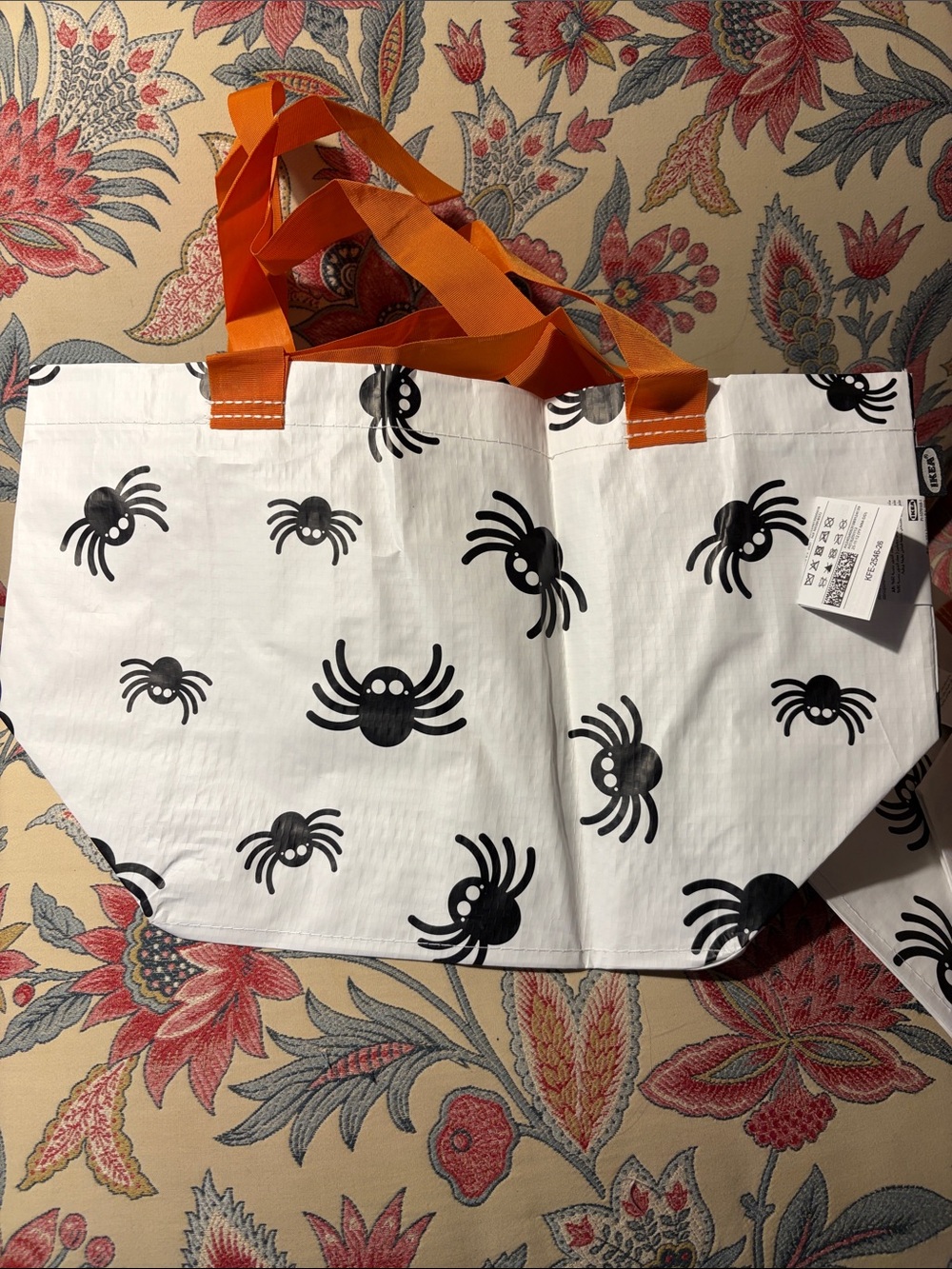 IKEA KUSTIFYR Reusable White Spider Print Tote w/Orange Handles Set of 2 NWT